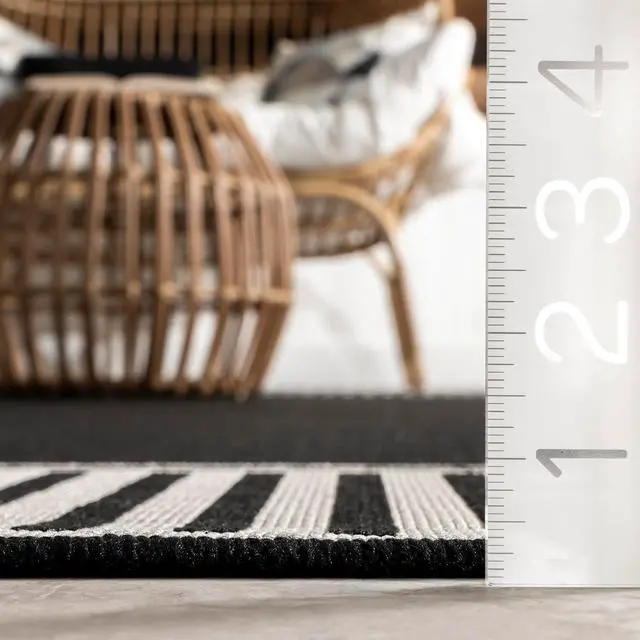 Alt view image 3 of 7 - Nuloom Asha Black/Ivory, 5' x 8', Casual, Striped Border, Soft and Cozy, High Traffic, Stain Resistant, Easy Clean, Durable Area Rug for Indoor/Outdoor Patio, Deck, Porch, Garden, Courtyard