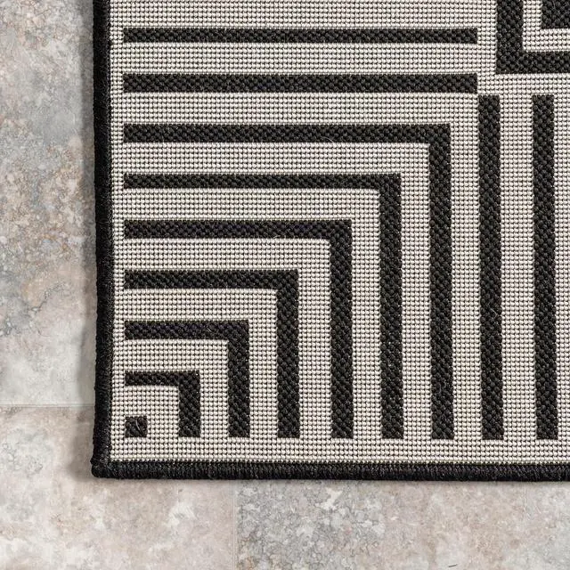 Alt view image 4 of 7 - Nuloom Asha Black/Ivory, 5' x 8', Casual, Striped Border, Soft and Cozy, High Traffic, Stain Resistant, Easy Clean, Durable Area Rug for Indoor/Outdoor Patio, Deck, Porch, Garden, Courtyard