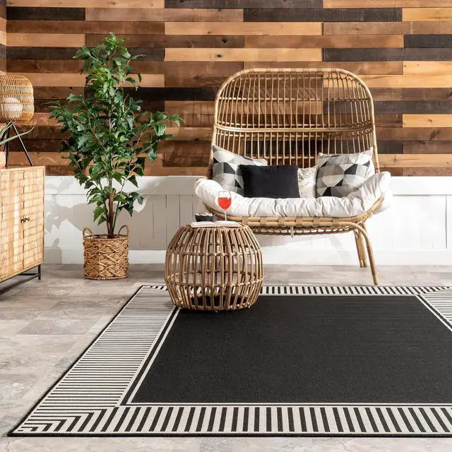 Alt view image 5 of 7 - Nuloom Asha Black/Ivory, 5' x 8', Casual, Striped Border, Soft and Cozy, High Traffic, Stain Resistant, Easy Clean, Durable Area Rug for Indoor/Outdoor Patio, Deck, Porch, Garden, Courtyard