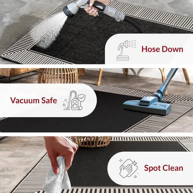 Alt view image 6 of 7 - Nuloom Asha Black/Ivory, 5' x 8', Casual, Striped Border, Soft and Cozy, High Traffic, Stain Resistant, Easy Clean, Durable Area Rug for Indoor/Outdoor Patio, Deck, Porch, Garden, Courtyard