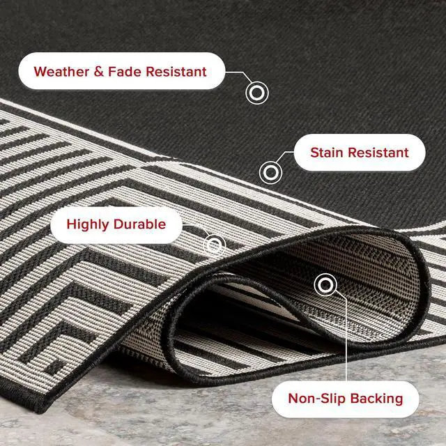 Alt view image 7 of 7 - Nuloom Asha Black/Ivory, 5' x 8', Casual, Striped Border, Soft and Cozy, High Traffic, Stain Resistant, Easy Clean, Durable Area Rug for Indoor/Outdoor Patio, Deck, Porch, Garden, Courtyard