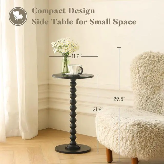 Alt view image 4 of 7 - Fultyle Round Side Table, Small Drink Table for Small Spaces, Modern Accent End Table Nightstand with Solid Wood Leg for Living Room, Bedroom, Corners, and Office (Black)