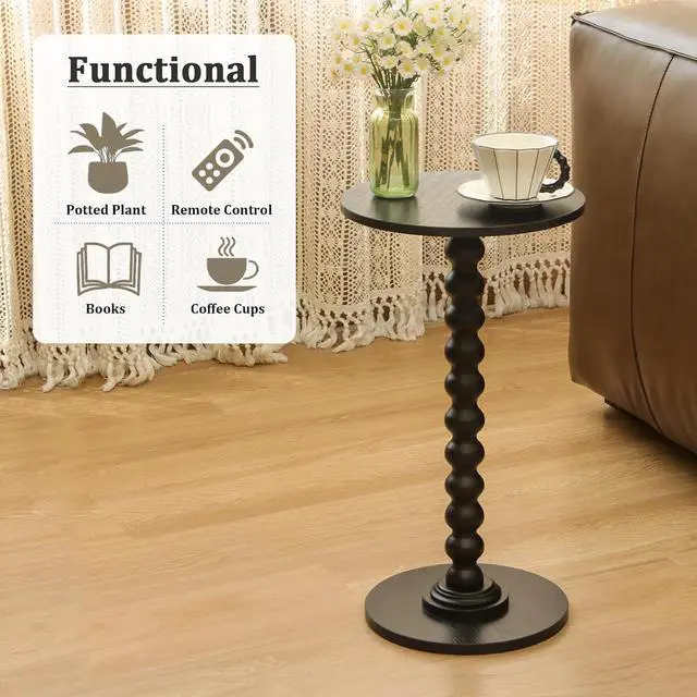 Alt view image 7 of 7 - Fultyle Round Side Table, Small Drink Table for Small Spaces, Modern Accent End Table Nightstand with Solid Wood Leg for Living Room, Bedroom, Corners, and Office (Black)