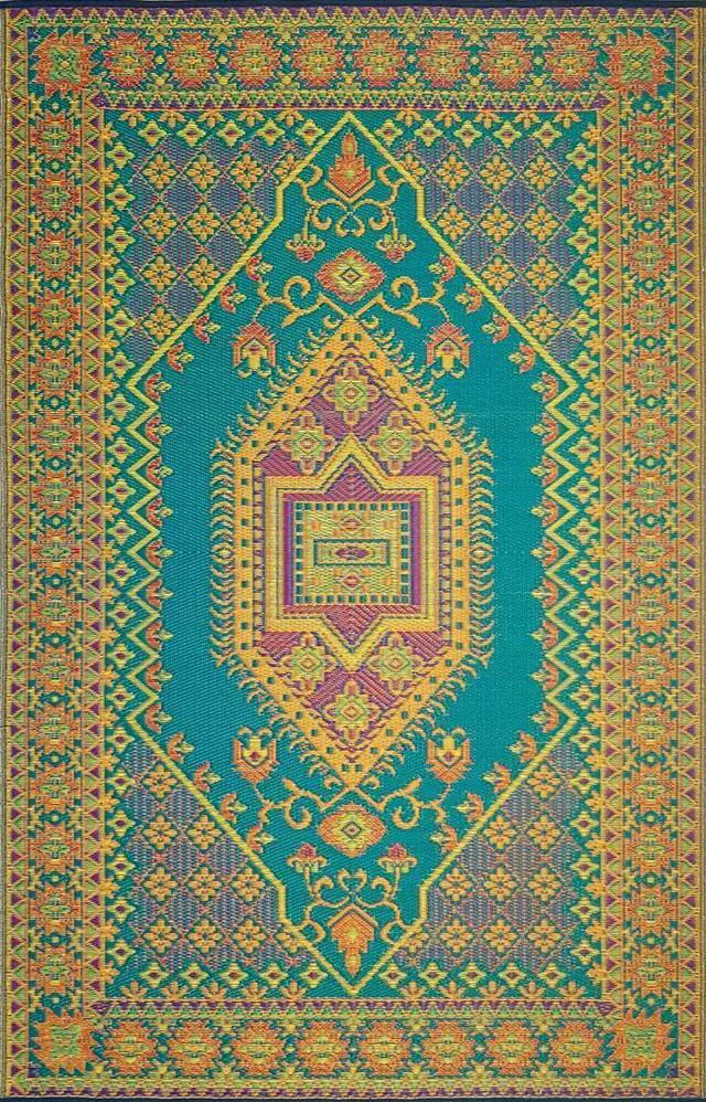 Main image of Mad Mats Traditional Outdoor Rug, Reversible Plastic Mat (5' x 8', Oriental Turkish - Aqua) for Patio, Porch, Poolside, Mudroom, Camping, RV, Deck