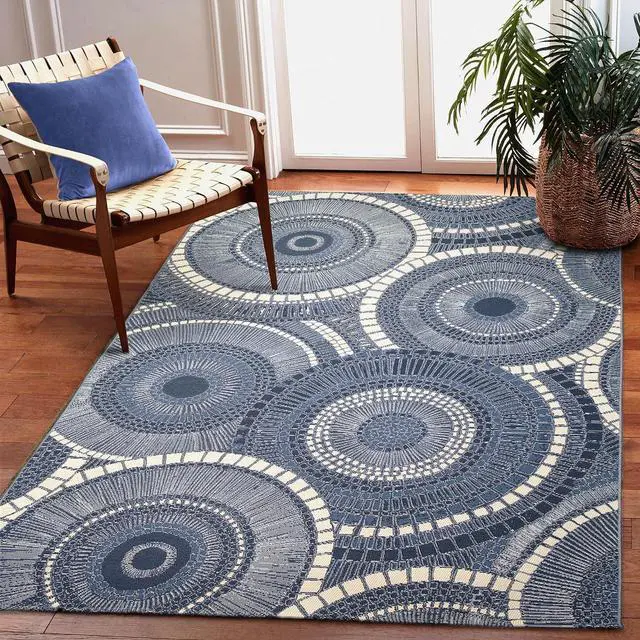 Main image of Liora Manne Marina Indoor/Outdoor Power Loomed Synthetic Blend Low Profile Area Rug - Transitional Geometric Casual Medallion Colorful (Circles Delft) (3'3" x 4'11")