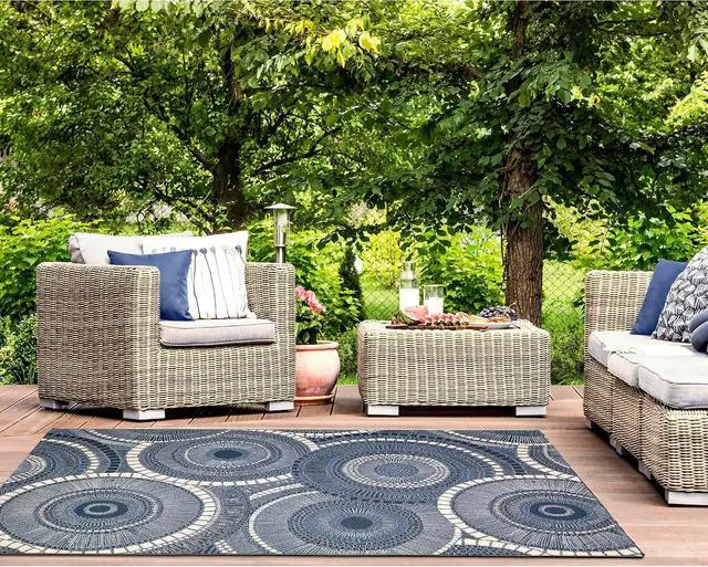 Alt view image 4 of 7 - Liora Manne Marina Indoor/Outdoor Power Loomed Synthetic Blend Low Profile Area Rug - Transitional Geometric Casual Medallion Colorful (Circles Delft) (3'3" x 4'11")