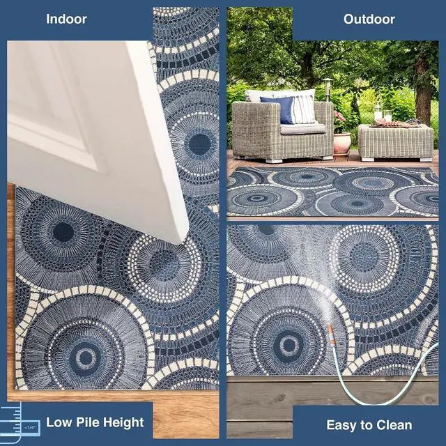 Alt view image 3 of 7 - Liora Manne Marina Indoor/Outdoor Power Loomed Synthetic Blend Low Profile Area Rug - Transitional Geometric Casual Medallion Colorful (Circles Delft) (3'3" x 4'11")