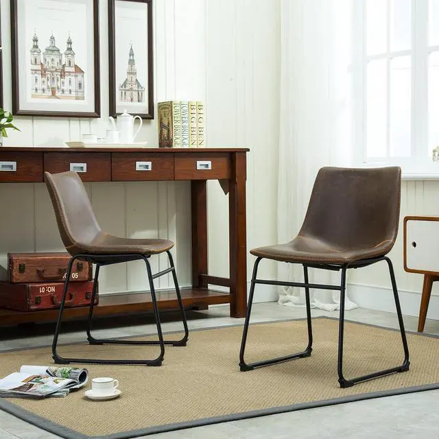 Alt view image 2 of 7 - Roundhill Furniture Lotusville Vintage PU Leather Dining Chairs, Set of 2, Antique Brown