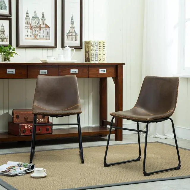 Alt view image 4 of 7 - Roundhill Furniture Lotusville Vintage PU Leather Dining Chairs, Set of 2, Antique Brown