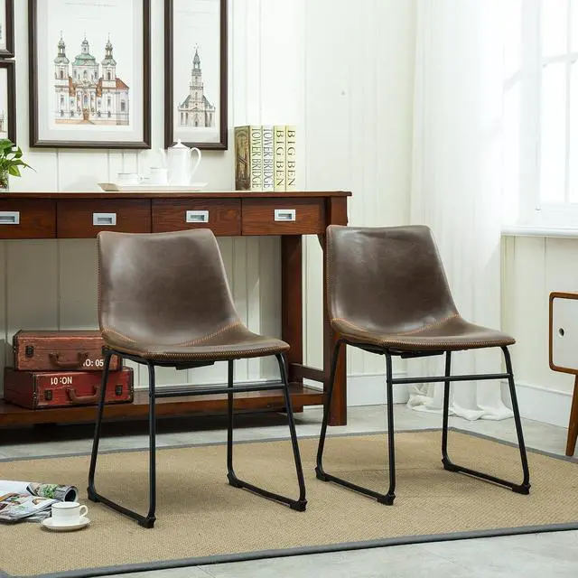 Alt view image 5 of 7 - Roundhill Furniture Lotusville Vintage PU Leather Dining Chairs, Set of 2, Antique Brown