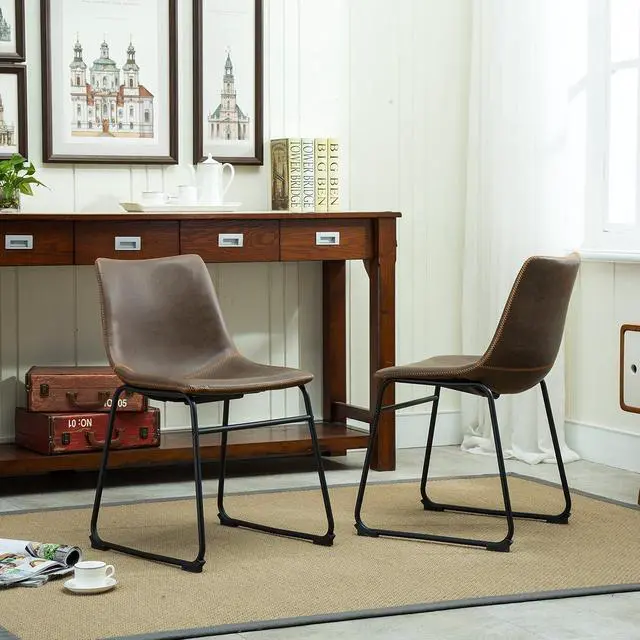Alt view image 6 of 7 - Roundhill Furniture Lotusville Vintage PU Leather Dining Chairs, Set of 2, Antique Brown