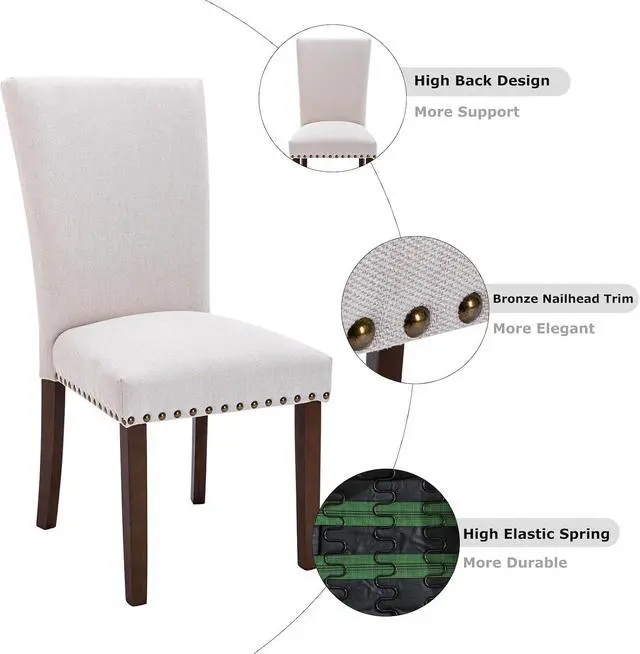 Alt view image 6 of 7 - COLAMY Upholstered Parsons Dining Chairs Set of 4, Fabric Dining Room Kitchen Side Chair with Nailhead Trim and Wood Legs - Beige,No Table
