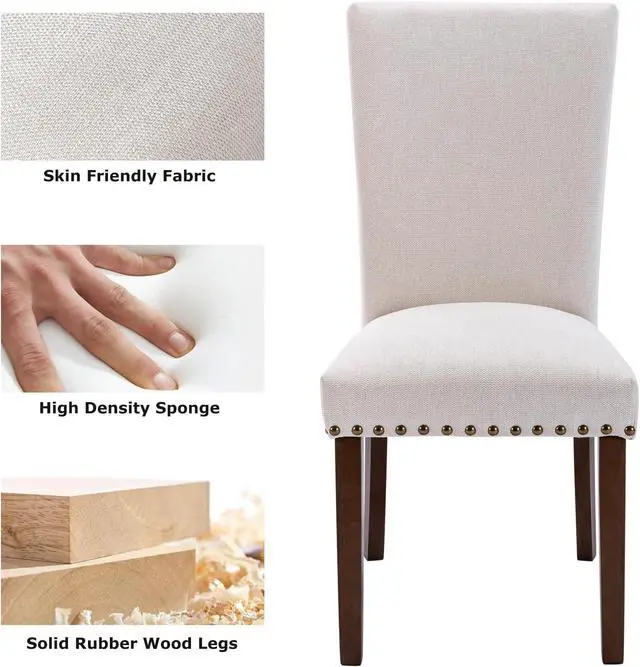 Alt view image 7 of 7 - COLAMY Upholstered Parsons Dining Chairs Set of 4, Fabric Dining Room Kitchen Side Chair with Nailhead Trim and Wood Legs - Beige,No Table