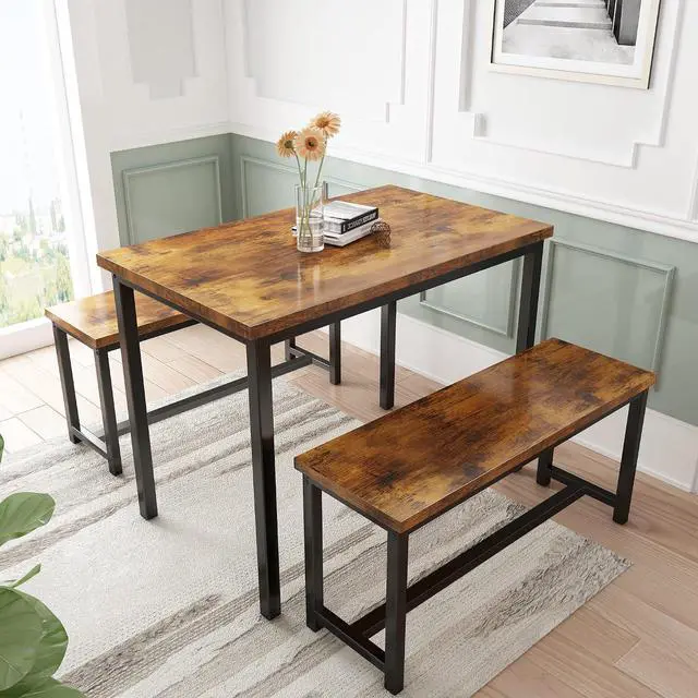 Main image of AWQM Dining Table Set with Two Benches, Kitchen Table Set for 4-6 Persons, Kitchen Table of 43.4 x 23.7 x 28.6 Inches, Bench of 38.6 x 11.9 x 17.6 Inches Each, Rustic Brown and Black (0826NewSet01)
