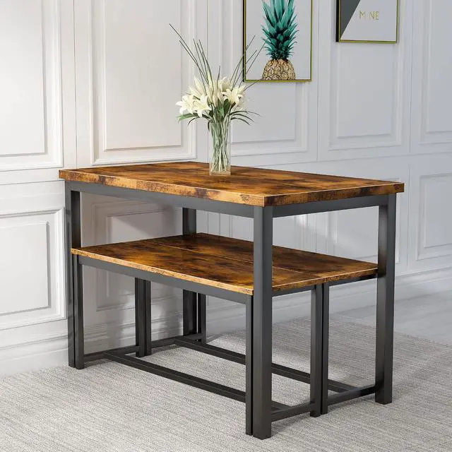 Alt view image 2 of 7 - AWQM Dining Table Set with Two Benches, Kitchen Table Set for 4-6 Persons, Kitchen Table of 43.4 x 23.7 x 28.6 Inches, Bench of 38.6 x 11.9 x 17.6 Inches Each, Rustic Brown and Black (0826NewSet01)