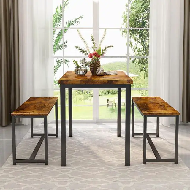 Alt view image 3 of 7 - AWQM Dining Table Set with Two Benches, Kitchen Table Set for 4-6 Persons, Kitchen Table of 43.4 x 23.7 x 28.6 Inches, Bench of 38.6 x 11.9 x 17.6 Inches Each, Rustic Brown and Black (0826NewSet01)