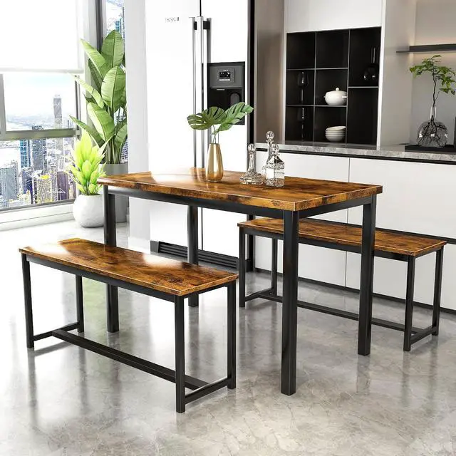 Alt view image 5 of 7 - AWQM Dining Table Set with Two Benches, Kitchen Table Set for 4-6 Persons, Kitchen Table of 43.4 x 23.7 x 28.6 Inches, Bench of 38.6 x 11.9 x 17.6 Inches Each, Rustic Brown and Black (0826NewSet01)
