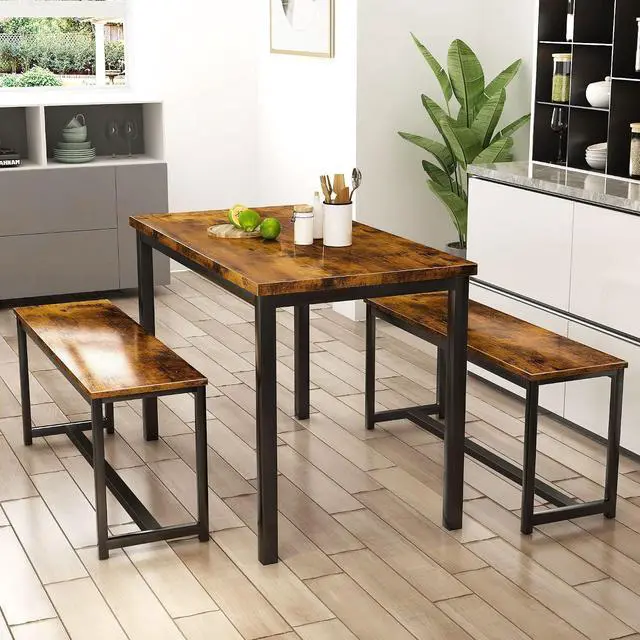 Alt view image 4 of 7 - AWQM Dining Table Set with Two Benches, Kitchen Table Set for 4-6 Persons, Kitchen Table of 43.4 x 23.7 x 28.6 Inches, Bench of 38.6 x 11.9 x 17.6 Inches Each, Rustic Brown and Black (0826NewSet01)