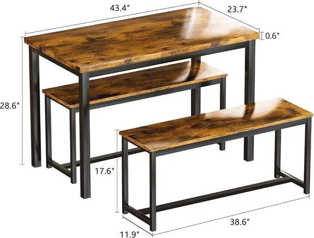 Alt view image 7 of 7 - AWQM Dining Table Set with Two Benches, Kitchen Table Set for 4-6 Persons, Kitchen Table of 43.4 x 23.7 x 28.6 Inches, Bench of 38.6 x 11.9 x 17.6 Inches Each, Rustic Brown and Black (0826NewSet01)