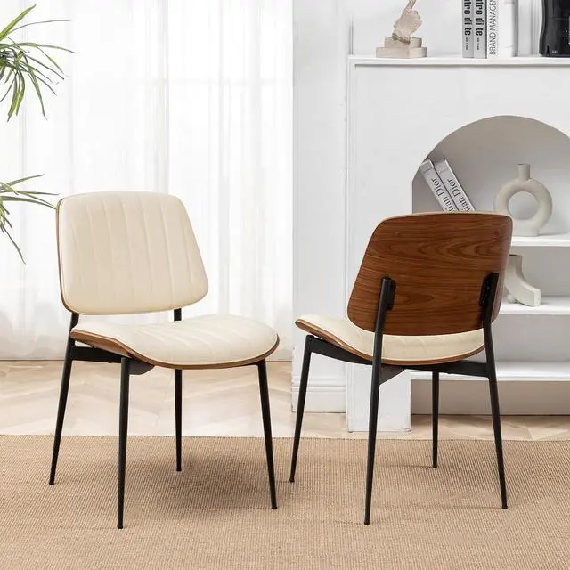 Main image of LUNLING Dining Room Chairs Set of 2 Mid Century Modern Retro Beige Faux Leather Chair with Walnut Bentwood Upholstered Seat Metal Legs Kitchen Chairs Adjustable Foot for Kitchen Dining Room