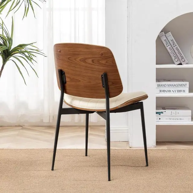 Alt view image 3 of 7 - LUNLING Dining Room Chairs Set of 2 Mid Century Modern Retro Beige Faux Leather Chair with Walnut Bentwood Upholstered Seat Metal Legs Kitchen Chairs Adjustable Foot for Kitchen Dining Room