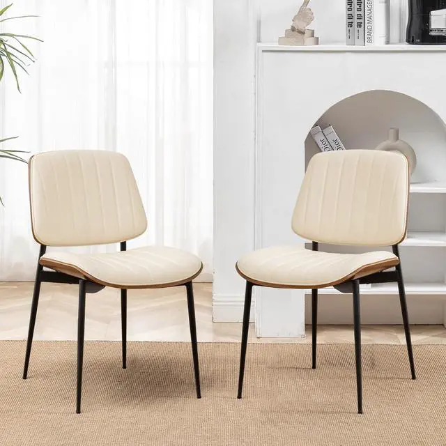 Alt view image 5 of 7 - LUNLING Dining Room Chairs Set of 2 Mid Century Modern Retro Beige Faux Leather Chair with Walnut Bentwood Upholstered Seat Metal Legs Kitchen Chairs Adjustable Foot for Kitchen Dining Room