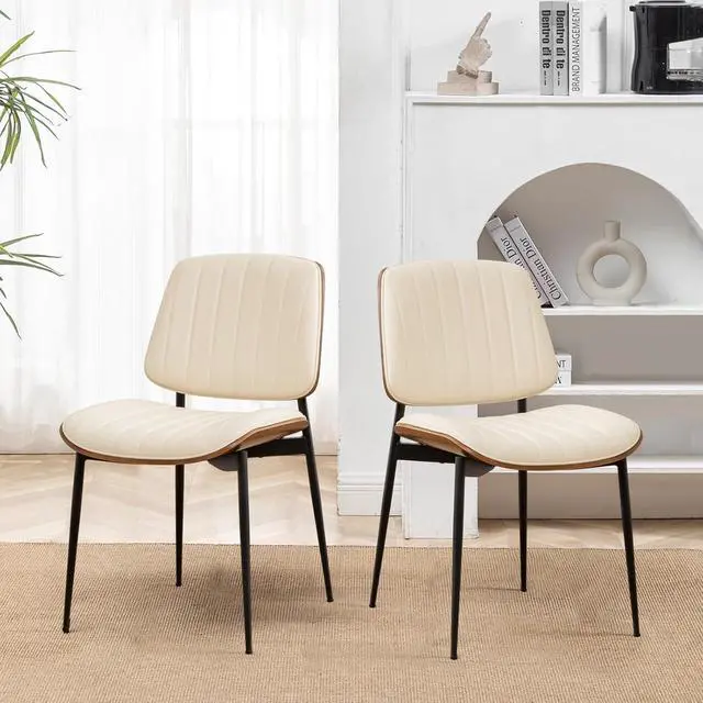 Alt view image 7 of 7 - LUNLING Dining Room Chairs Set of 2 Mid Century Modern Retro Beige Faux Leather Chair with Walnut Bentwood Upholstered Seat Metal Legs Kitchen Chairs Adjustable Foot for Kitchen Dining Room