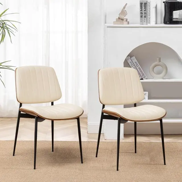 Alt view image 6 of 7 - LUNLING Dining Room Chairs Set of 2 Mid Century Modern Retro Beige Faux Leather Chair with Walnut Bentwood Upholstered Seat Metal Legs Kitchen Chairs Adjustable Foot for Kitchen Dining Room