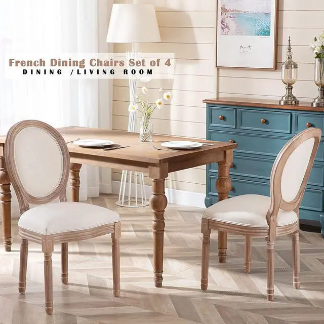 Alt view image 4 of 7 - Nrizc French Country Dining Chairs Set of 4, Farmhouse Fabric Chairs with Round Back, Solid Wood Legs, Oval Side Chairs for Kitchen/Bedroom/Dining Room