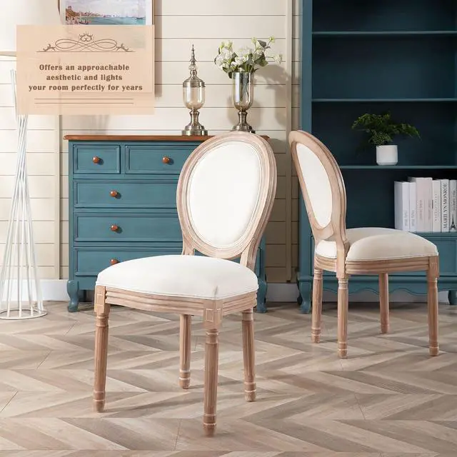 Alt view image 2 of 7 - Nrizc French Country Dining Chairs Set of 4, Farmhouse Fabric Chairs with Round Back, Solid Wood Legs, Oval Side Chairs for Kitchen/Bedroom/Dining Room