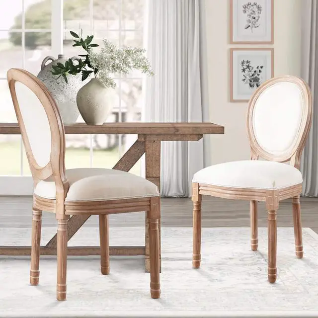 Alt view image 7 of 7 - Nrizc French Country Dining Chairs Set of 4, Farmhouse Fabric Chairs with Round Back, Solid Wood Legs, Oval Side Chairs for Kitchen/Bedroom/Dining Room