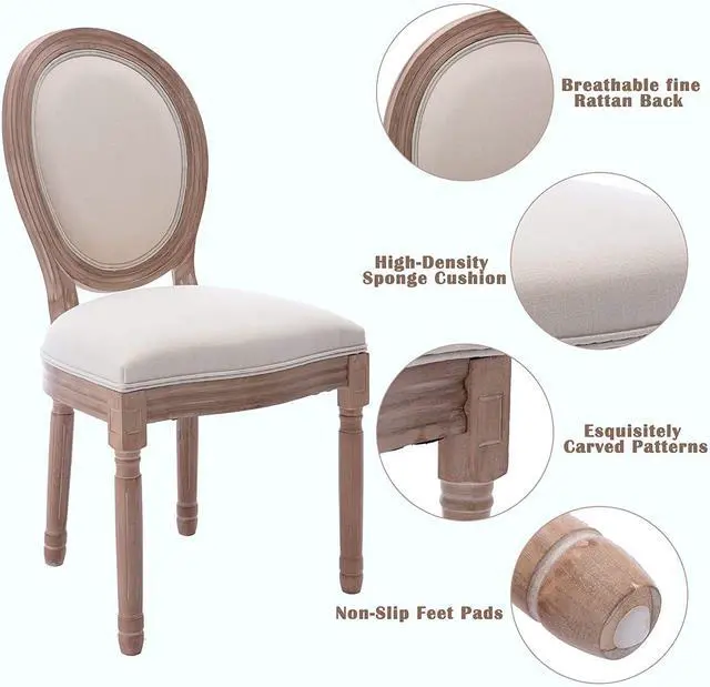 Alt view image 6 of 7 - Nrizc French Country Dining Chairs Set of 4, Farmhouse Fabric Chairs with Round Back, Solid Wood Legs, Oval Side Chairs for Kitchen/Bedroom/Dining Room