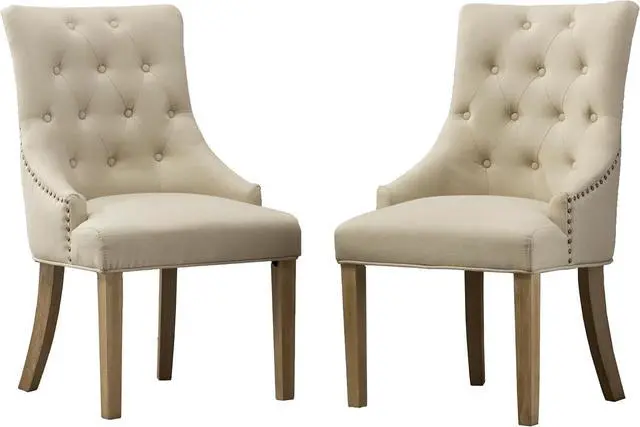 Main image of Roundhill Furniture Button Tufted Solid Wood Wingback Hostess Chairs with Nail Heads, Set of 2, Tan, White, "Tan, 24D x 22W x 39H in