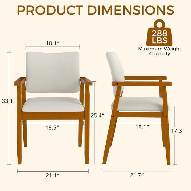 Alt view image 2 of 7 - Set of 2 Mid Century Modern Walnut Dining Chairs Wood Arm Beige Fabric Kitchen Cafe Living Room Decor Furniture