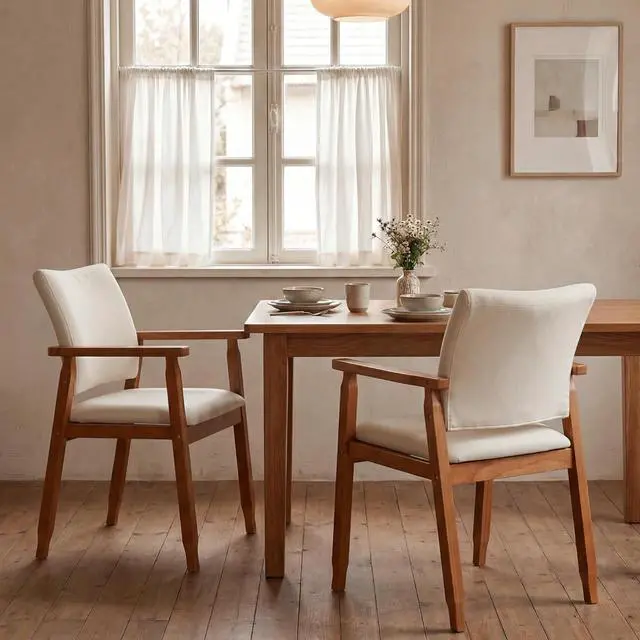 Main image of Set of 2 Mid Century Modern Walnut Dining Chairs Wood Arm Beige Fabric Kitchen Cafe Living Room Decor Furniture