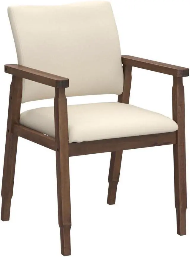 Alt view image 4 of 7 - Set of 2 Mid Century Modern Walnut Dining Chairs Wood Arm Beige Fabric Kitchen Cafe Living Room Decor Furniture