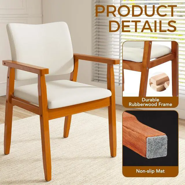 Alt view image 5 of 7 - Set of 2 Mid Century Modern Walnut Dining Chairs Wood Arm Beige Fabric Kitchen Cafe Living Room Decor Furniture