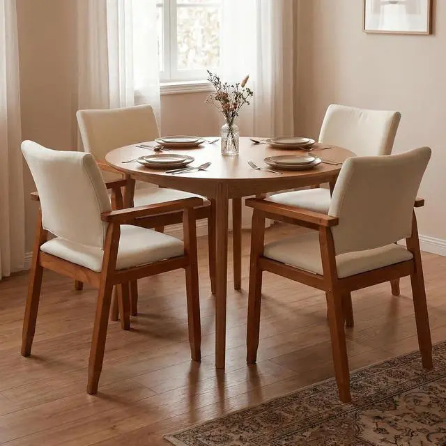 Alt view image 3 of 7 - Set of 2 Mid Century Modern Walnut Dining Chairs Wood Arm Beige Fabric Kitchen Cafe Living Room Decor Furniture