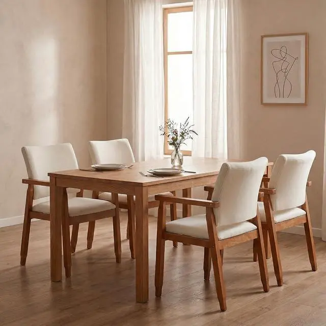 Alt view image 7 of 7 - Set of 2 Mid Century Modern Walnut Dining Chairs Wood Arm Beige Fabric Kitchen Cafe Living Room Decor Furniture