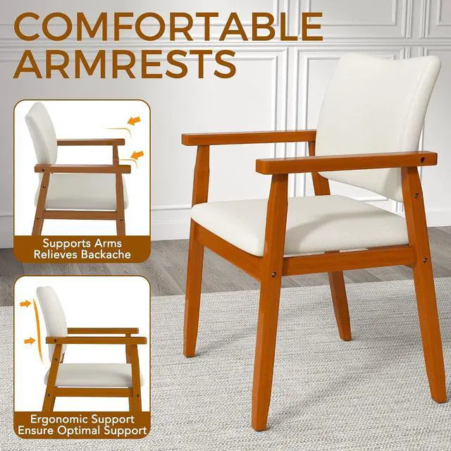 Alt view image 6 of 7 - Set of 2 Mid Century Modern Walnut Dining Chairs Wood Arm Beige Fabric Kitchen Cafe Living Room Decor Furniture