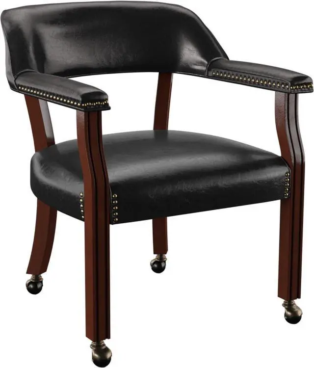 Main image of Steve Silver Furniture Tournament Arm Dining Chair with Casters, Upholstered w/Nailhead Trim, for Living Room, Dining Room, Vegan Leather, 18-Inch Seat Height, 25" W x 25" D x 31" H, Black