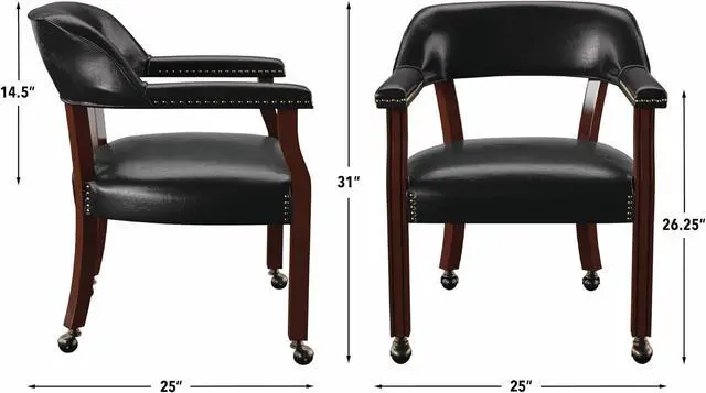 Alt view image 3 of 7 - Steve Silver Furniture Tournament Arm Dining Chair with Casters, Upholstered w/Nailhead Trim, for Living Room, Dining Room, Vegan Leather, 18-Inch Seat Height, 25" W x 25" D x 31" H, Black