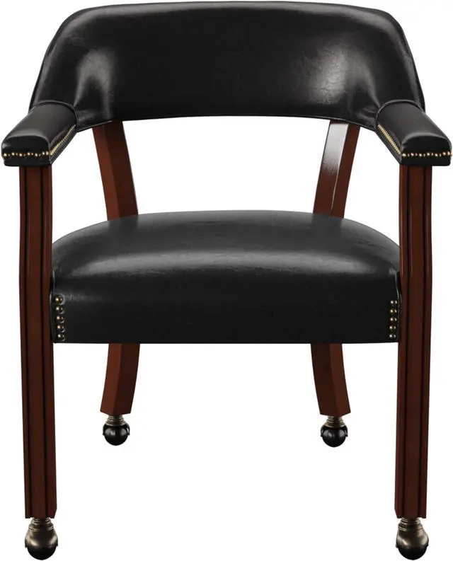 Alt view image 5 of 7 - Steve Silver Furniture Tournament Arm Dining Chair with Casters, Upholstered w/Nailhead Trim, for Living Room, Dining Room, Vegan Leather, 18-Inch Seat Height, 25" W x 25" D x 31" H, Black
