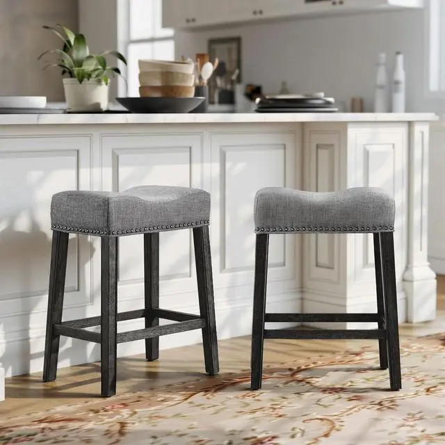 Alt view image 2 of 7 - Roundhill Furniture Coco Upholstered Backless Saddle Seat Counter Stools 25.5" Height, Set of 2, Gray