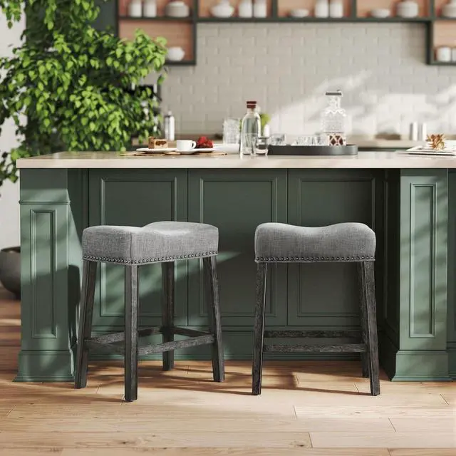 Alt view image 5 of 7 - Roundhill Furniture Coco Upholstered Backless Saddle Seat Counter Stools 25.5" Height, Set of 2, Gray