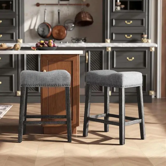 Alt view image 4 of 7 - Roundhill Furniture Coco Upholstered Backless Saddle Seat Counter Stools 25.5" Height, Set of 2, Gray