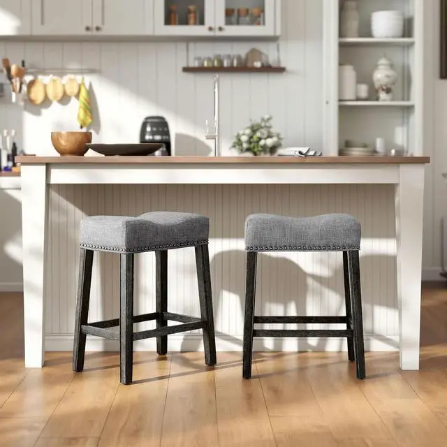 Alt view image 6 of 7 - Roundhill Furniture Coco Upholstered Backless Saddle Seat Counter Stools 25.5" Height, Set of 2, Gray