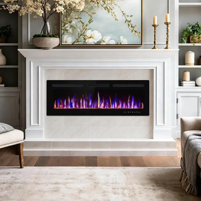 Alt view image 2 of 7 - 50" Electric Fireplace Wall Mounted and Recessed 750/1500w W/Remote Control