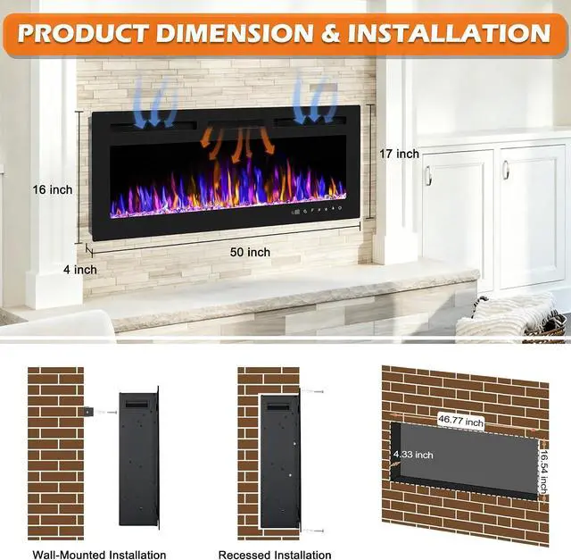Alt view image 3 of 7 - 50" Electric Fireplace Wall Mounted and Recessed 750/1500w W/Remote Control