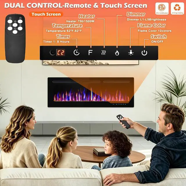 Alt view image 7 of 7 - 50" Electric Fireplace Wall Mounted and Recessed 750/1500w W/Remote Control